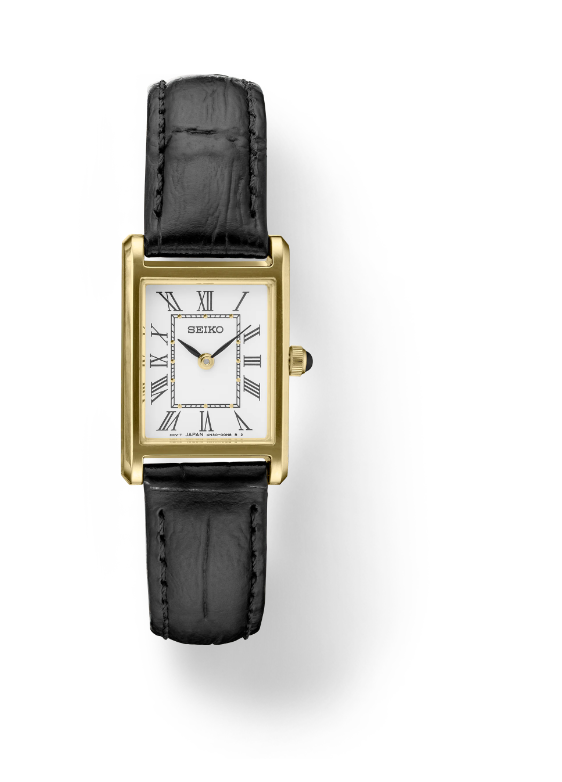 SEIKO LEATHER STRAP RECTANGLE CASE YELLOW TONE WHITE DIAL
