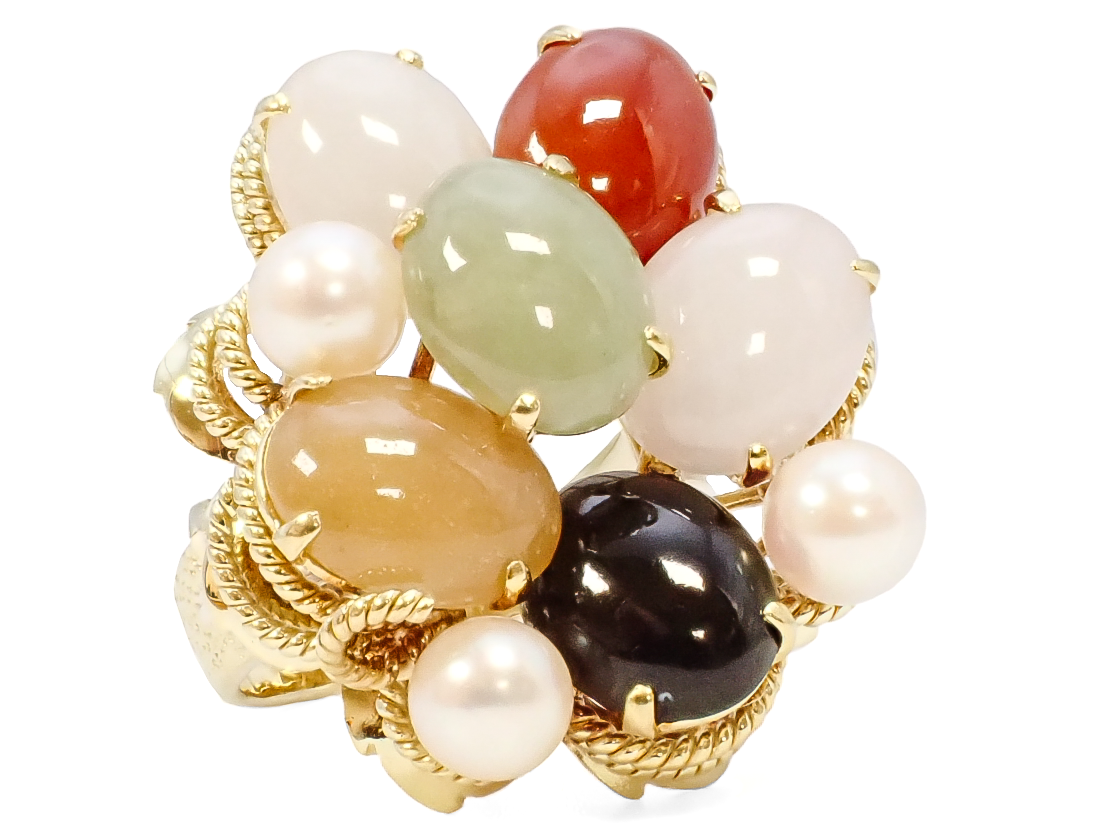 18KY PEARL, ONYX, AGATE RING